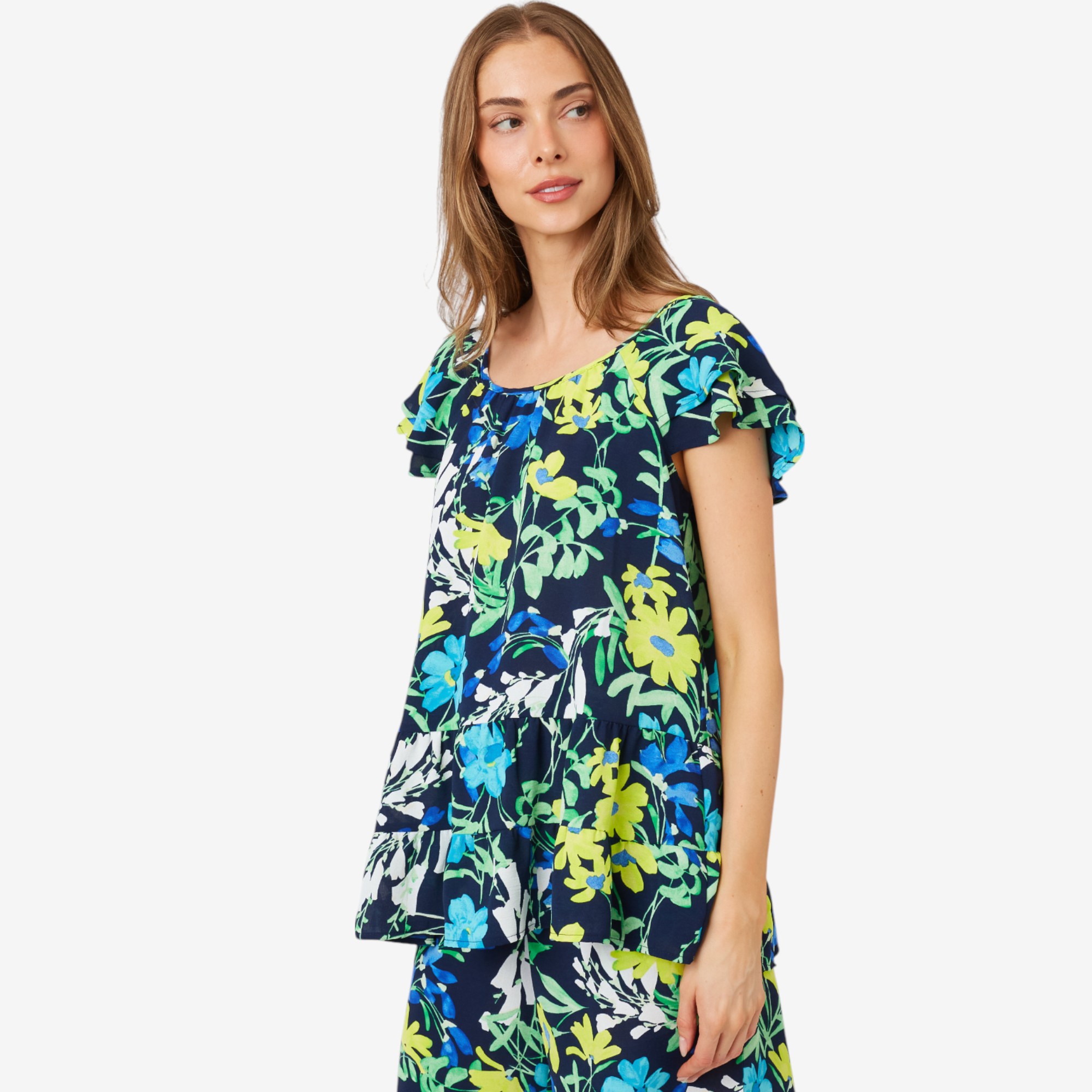 Nina Leonard Textured Wave Flutter Sleeve Tiered Hem Top - TSC.ca