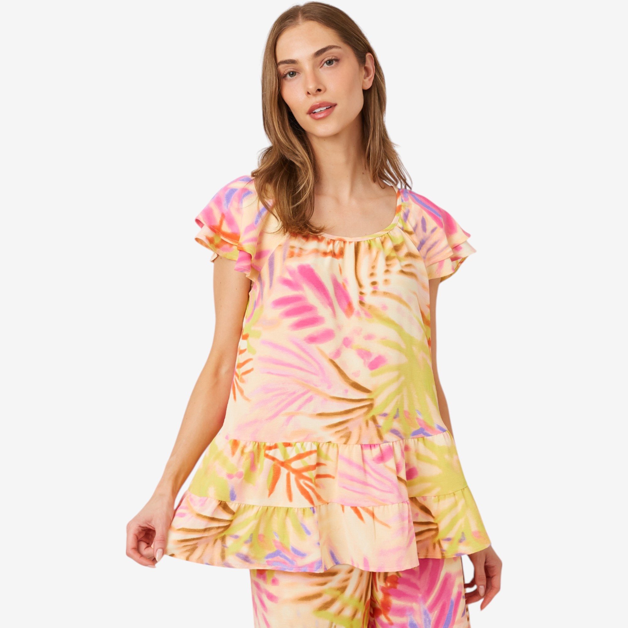 Nina Leonard Textured Wave Flutter Sleeve Tiered Hem Top - TSC.ca