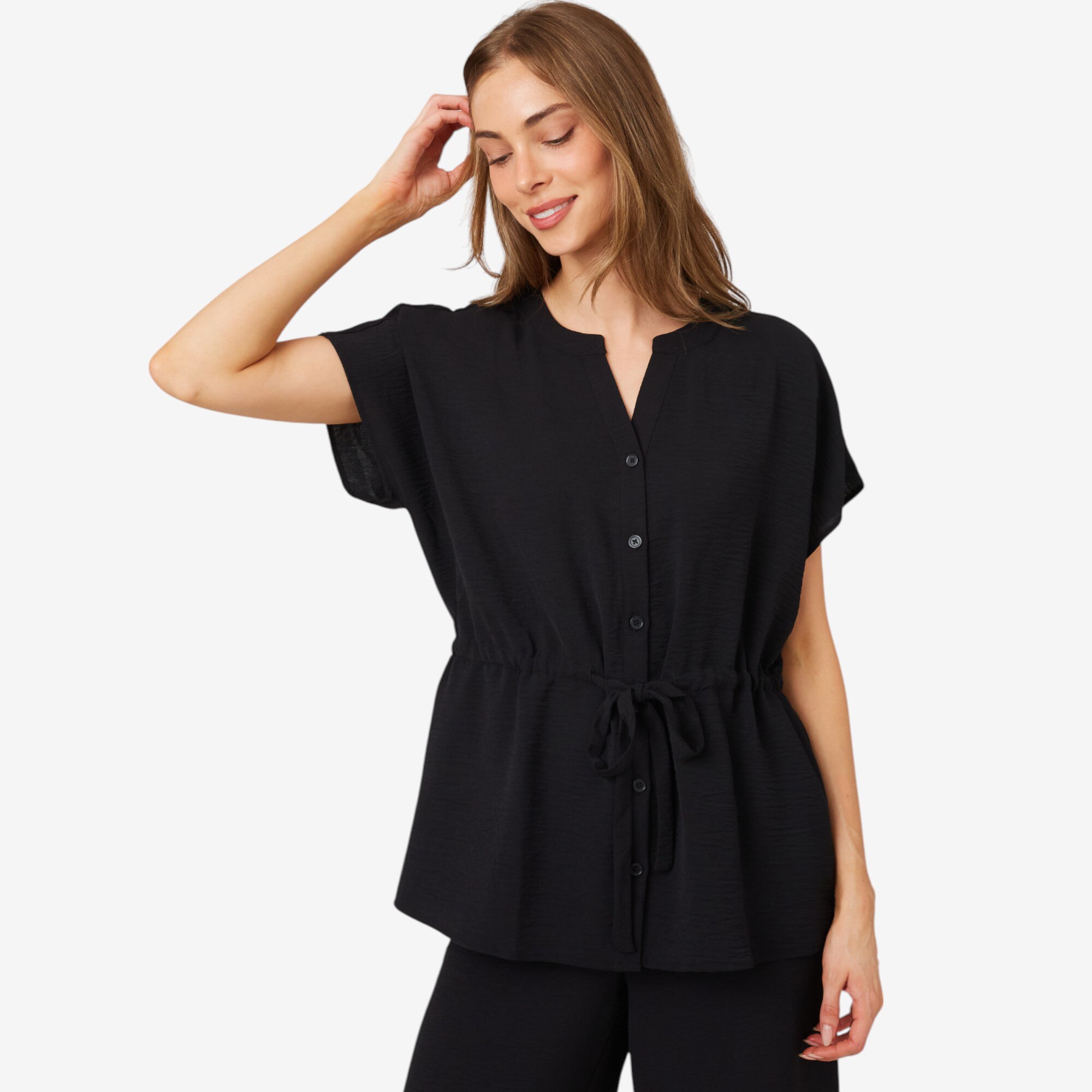 Nina Leonard Button Front Top with Pull-Through Waist Tie