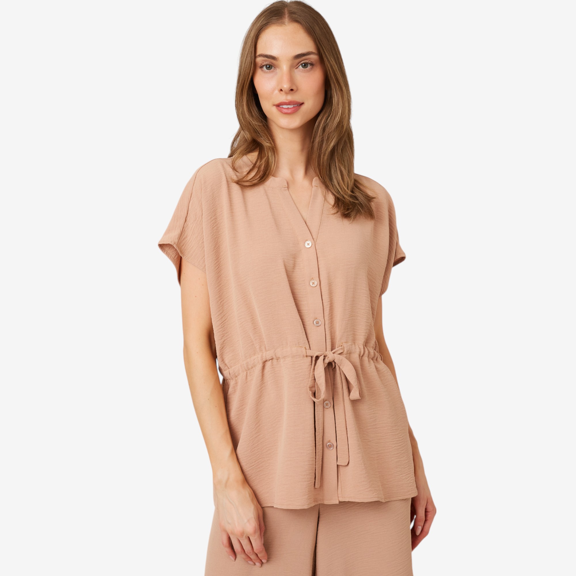 Nina Leonard Button Front Top with Pull-Through Waist Tie