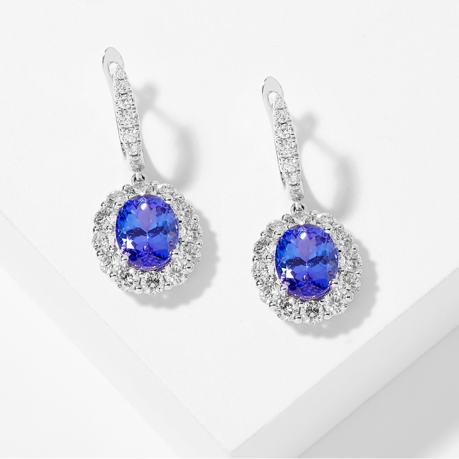Image 208351.jpg, Product 208-351 / Price $9,239.99, 14K White Gold Oval Tanzanite and Diamond Halo Drop Earrings from The Vault on TSC.ca's Jewellery department