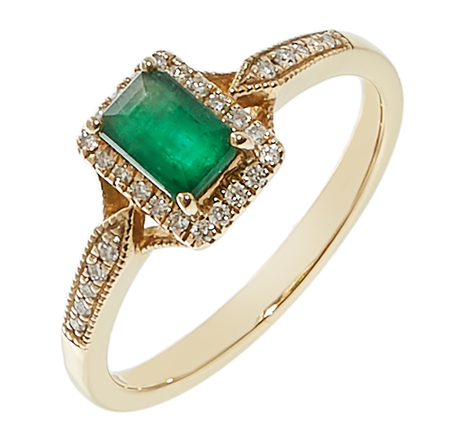 Image 208881.jpg, Product 208-881 / Price $639.88, 10K Yellow Gold 6x4mm Emerald & Diamond Halo Ring from The Vault on TSC.ca's Jewellery department