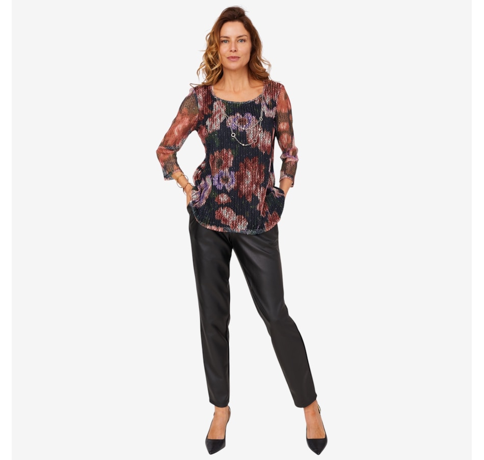 Image 210120_BKMU.jpg, Product 210-120 / Price $54.88, Nina Leonard 3/4 Sleeve Printed Mesh Sequin Top with Necklace from Nina Leonard on TSC.ca's Fashion department