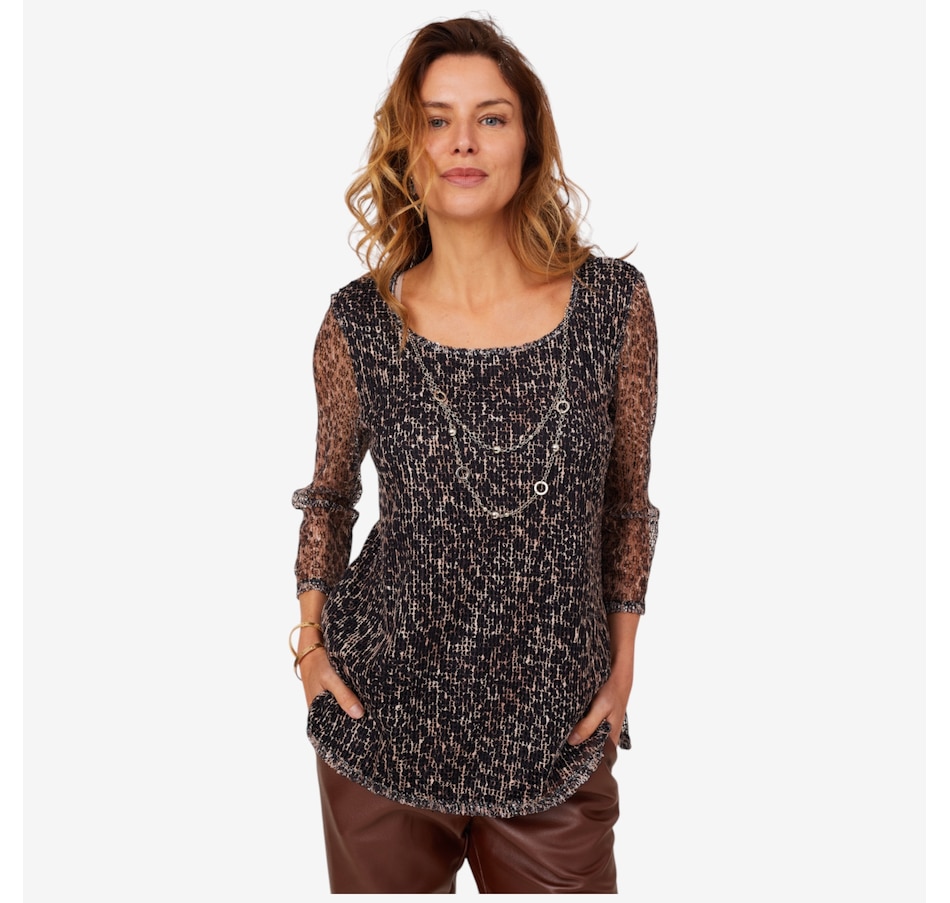 Image 210120_BKPLE.jpg, Product 210-120 / Price $54.88, Nina Leonard 3/4 Sleeve Printed Mesh Sequin Top with Necklace from Nina Leonard on TSC.ca's Fashion department