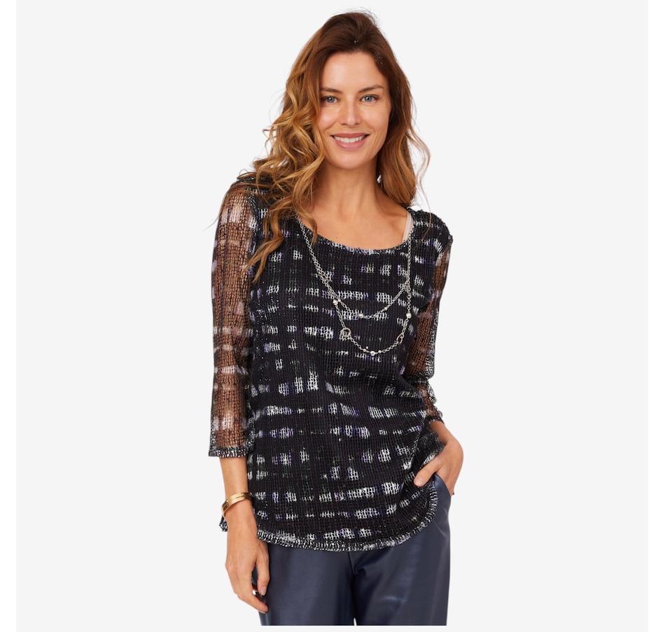 Image 210120_BLO.jpg, Product 210-120 / Price $54.88, Nina Leonard 3/4 Sleeve Printed Mesh Sequin Top with Necklace from Nina Leonard on TSC.ca's Fashion department