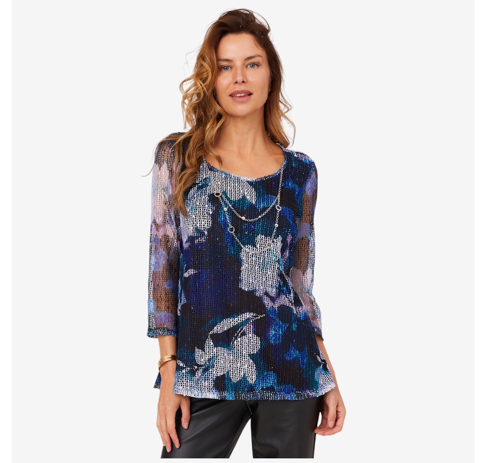 Image 210120_SEMI.jpg, Product 210-120 / Price $54.88, Nina Leonard 3/4 Sleeve Printed Mesh Sequin Top with Necklace from Nina Leonard on TSC.ca's Fashion department