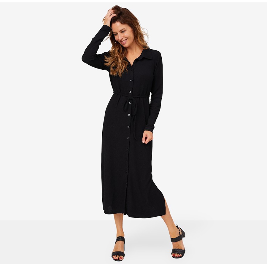 Image 210202_BLK.jpg, Product 210-202 / Price $39.88, Nina Leonard Long Sleeve Collared Midi Button Front Shirt Dress from Nina Leonard on TSC.ca's Fashion department