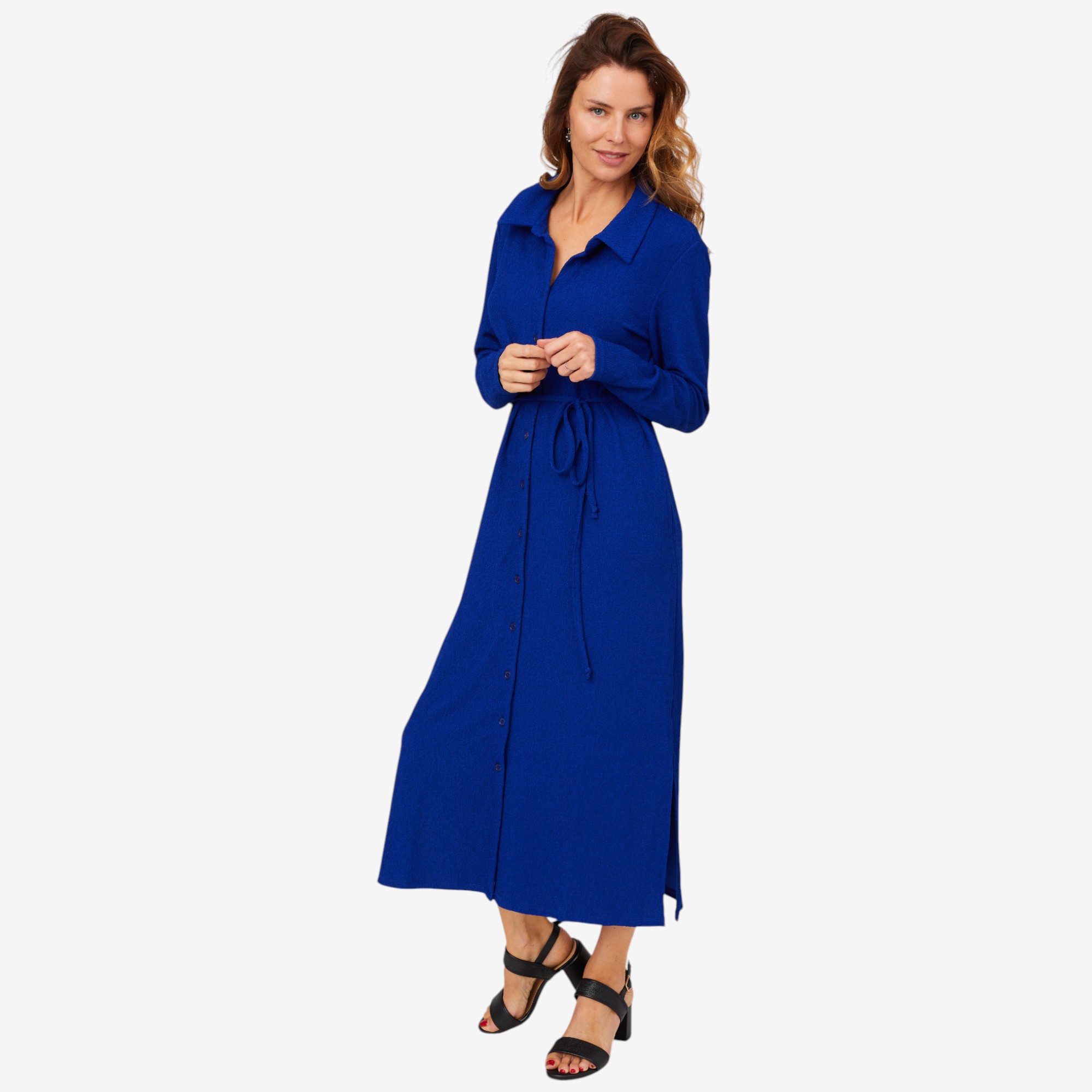 Nina Leonard Long Sleeve Collared Midi Button Front Shirt Dress