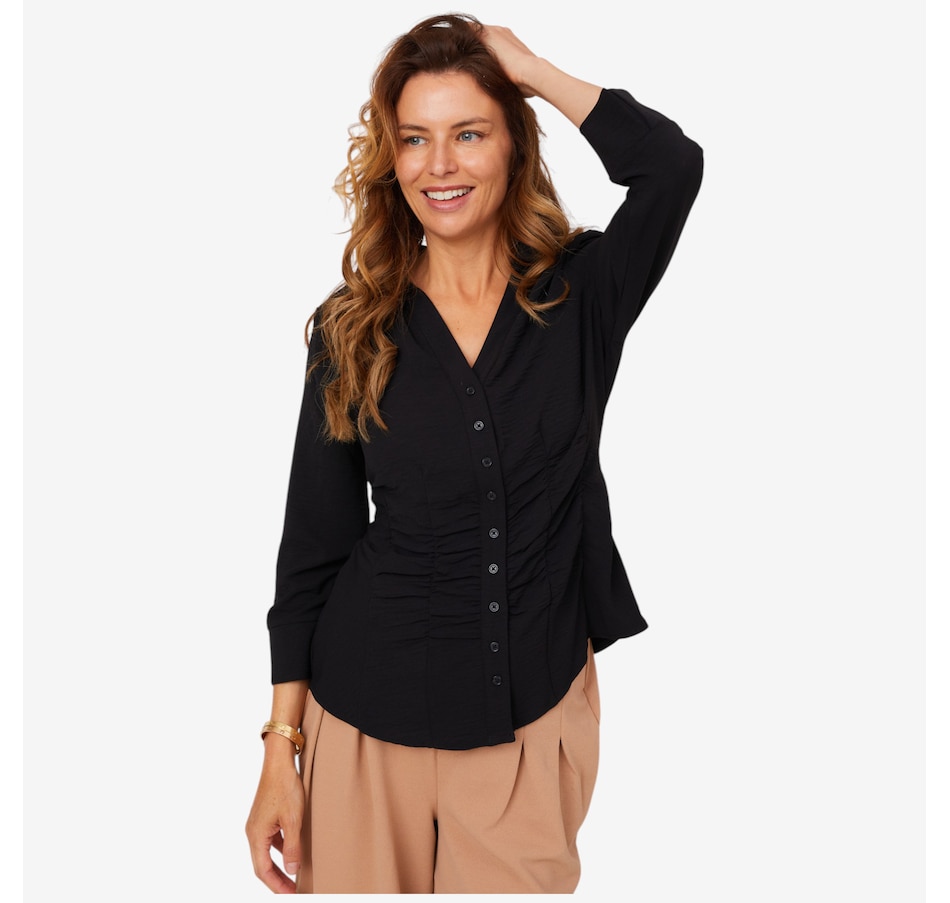 Image 210214_BLK.jpg, Product 210-214 / Price $52.88, Nina Leonard Button Front Collared Textured Wave Shirt from Nina Leonard on TSC.ca's Fashion department