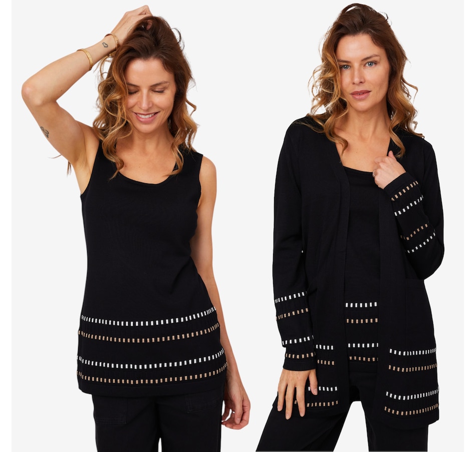Image 210215_BLK.jpg, Product 210-215 / Price $67.88, Nina Leonard Dashed Border Cardigan with Front Patch Pockets and Tank (2-pieces) from Nina Leonard on TSC.ca's Fashion department