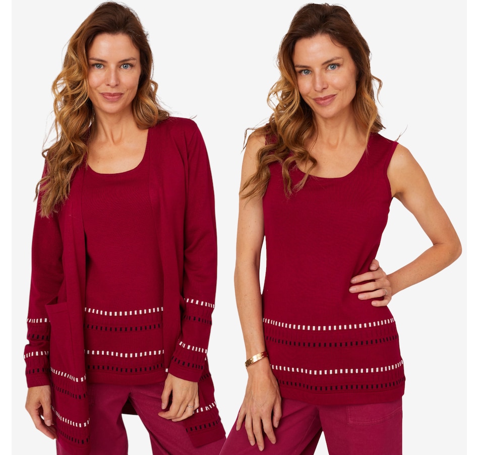 Image 210215_CRN.jpg, Product 210-215 / Price $67.88, Nina Leonard Dashed Border Cardigan with Front Patch Pockets and Tank (2-pieces) from Nina Leonard on TSC.ca's Fashion department
