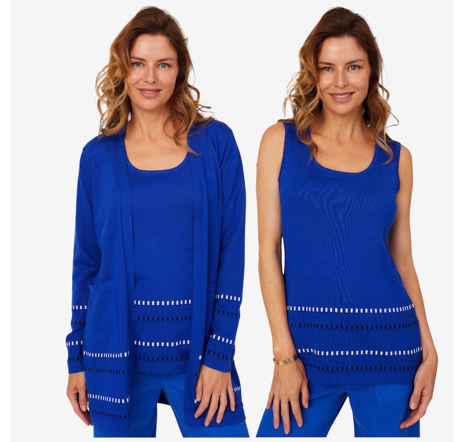 Image 210215_DEPSA.jpg, Product 210-215 / Price $67.88, Nina Leonard Dashed Border Cardigan with Front Patch Pockets and Tank (2-pieces) from Nina Leonard on TSC.ca's Fashion department