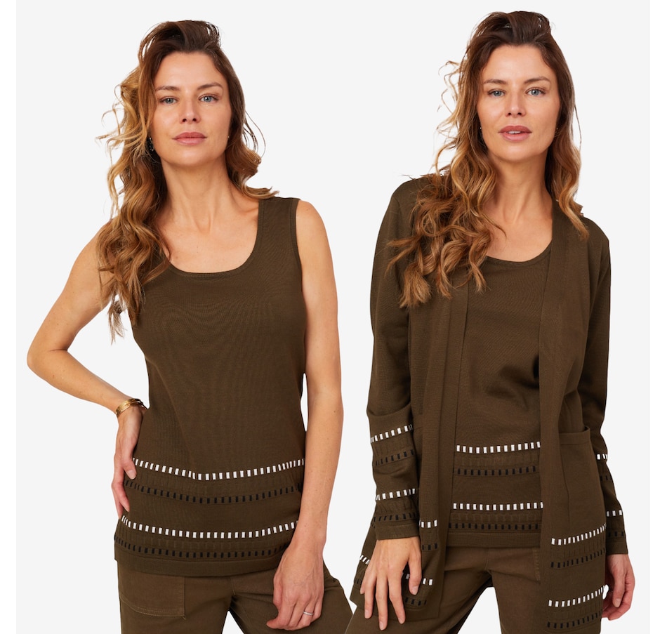 Image 210215_DKOL.jpg, Product 210-215 / Price $67.88, Nina Leonard Dashed Border Cardigan with Front Patch Pockets and Tank (2-pieces) from Nina Leonard on TSC.ca's Fashion department