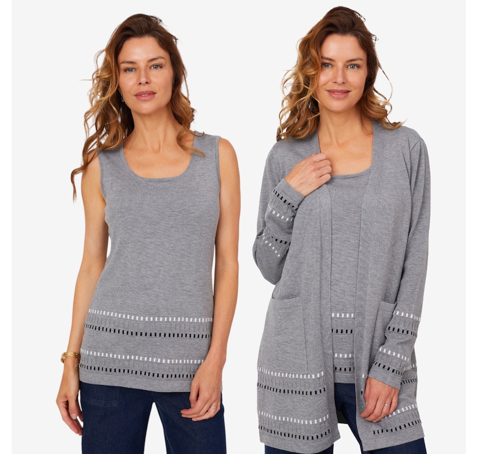 Image 210215_GRY.jpg, Product 210-215 / Price $67.88, Nina Leonard Dashed Border Cardigan with Front Patch Pockets and Tank (2-pieces) from Nina Leonard on TSC.ca's Fashion department