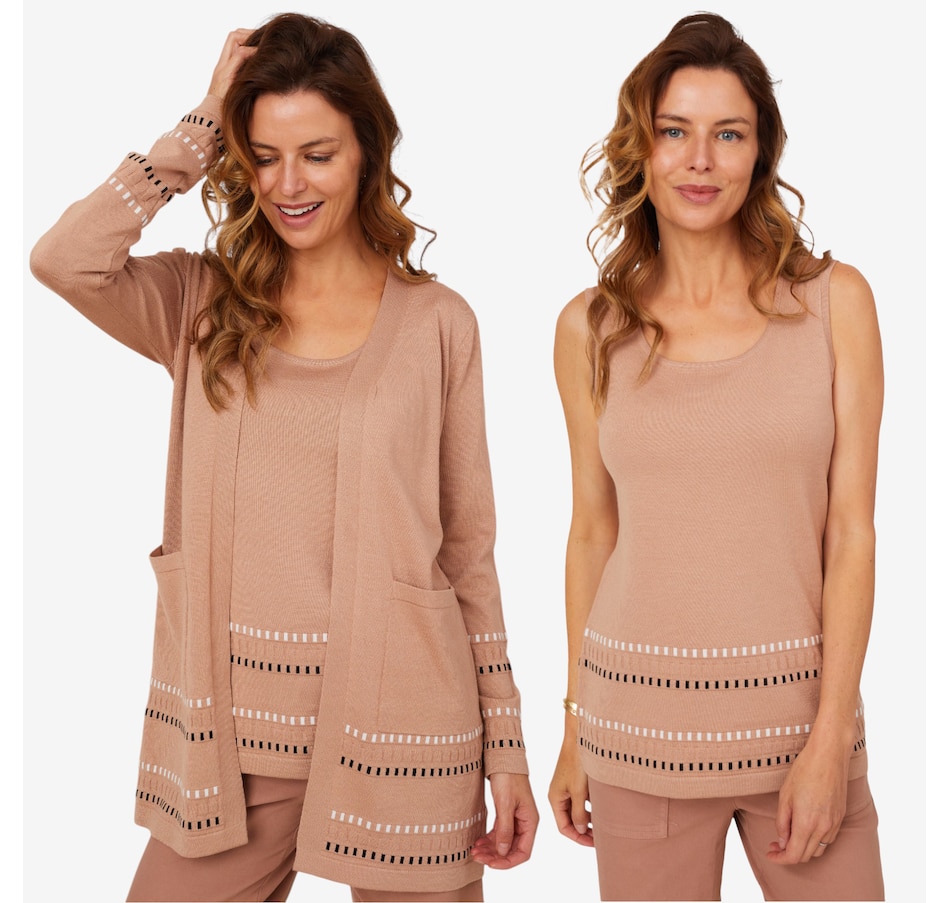 Image 210215_PRLE.jpg, Product 210-215 / Price $67.88, Nina Leonard Dashed Border Cardigan with Front Patch Pockets and Tank (2-pieces) from Nina Leonard on TSC.ca's Fashion department