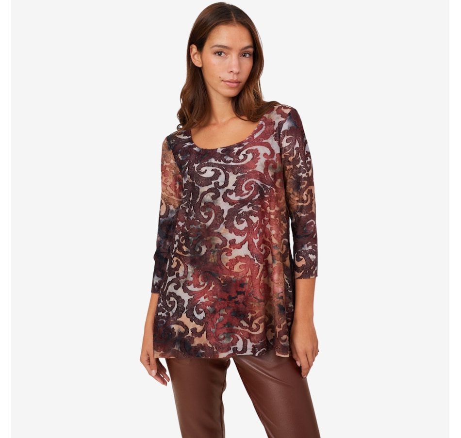 Image 210216_CHML.jpg, Product 210-216 / Price $44.88, Nina Leonard 3/4 Sleeve High Low Hem Burnout Knit Top from Nina Leonard on TSC.ca's Fashion department