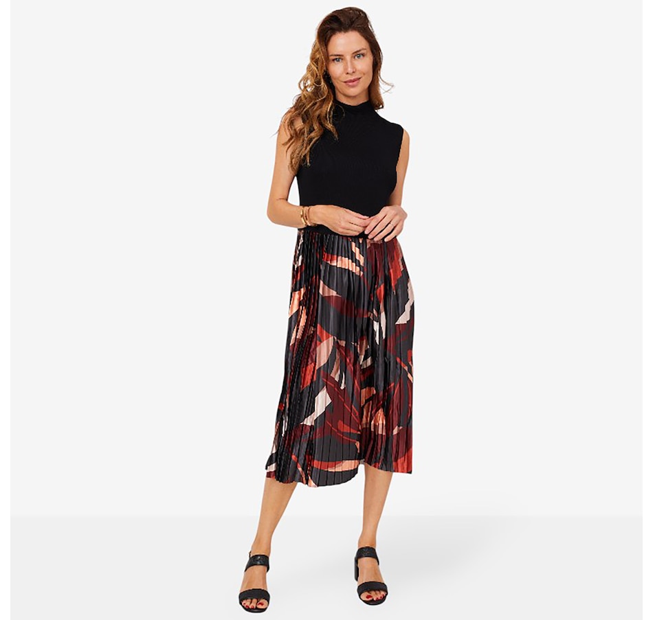Image 210218_BKMU.jpg, Product 210-218 / Price $59.88, Nina Leonard Sleeveless Mock Neck Midi Dress with Pleat Printed Skirt from Nina Leonard on TSC.ca's Fashion department