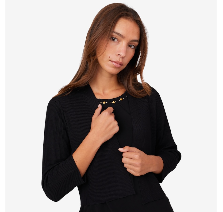 Image 210219_BLK.jpg, Product 210-219 / Price $52.88, Nina Leonard 3/4 Sleeve Ribbed Open Front Bolero from Nina Leonard on TSC.ca's Fashion department