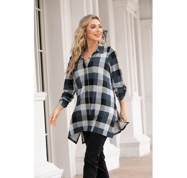 Orange Fashion Village Button Front Plaid Tunic Top