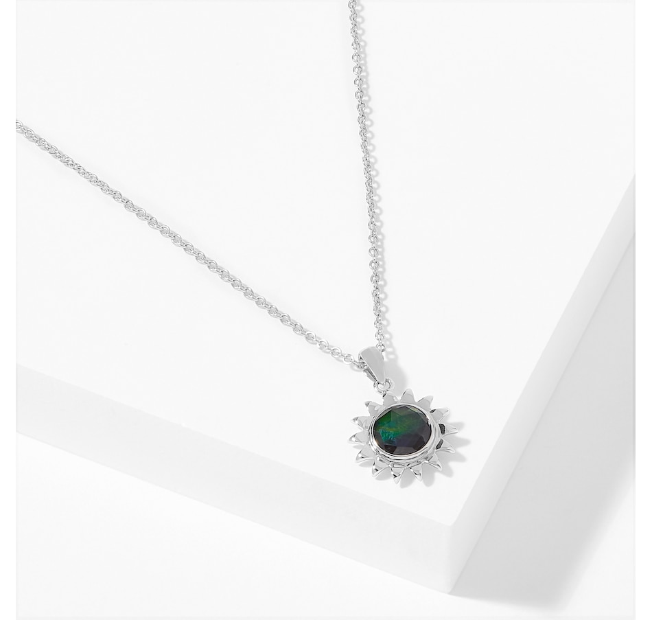 Image 210454_RHOP.jpg, Product 210-454 / Price $329.99, Canadian Ammolite Gems Sterling Silver 8 mm Round Ammolite Sunflower Pendant with Chain from Canadian Ammolite Gems on TSC.ca's Jewellery department