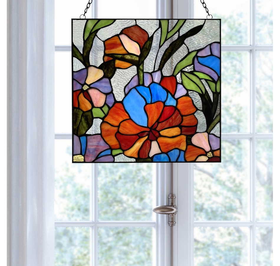 Stained Glass Suncatcher Green Orange Iris Flower Tiffany Glass Home decor