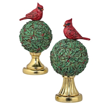 Holiday Memories Holly Ball Topiary with Cardinal (set of 2)