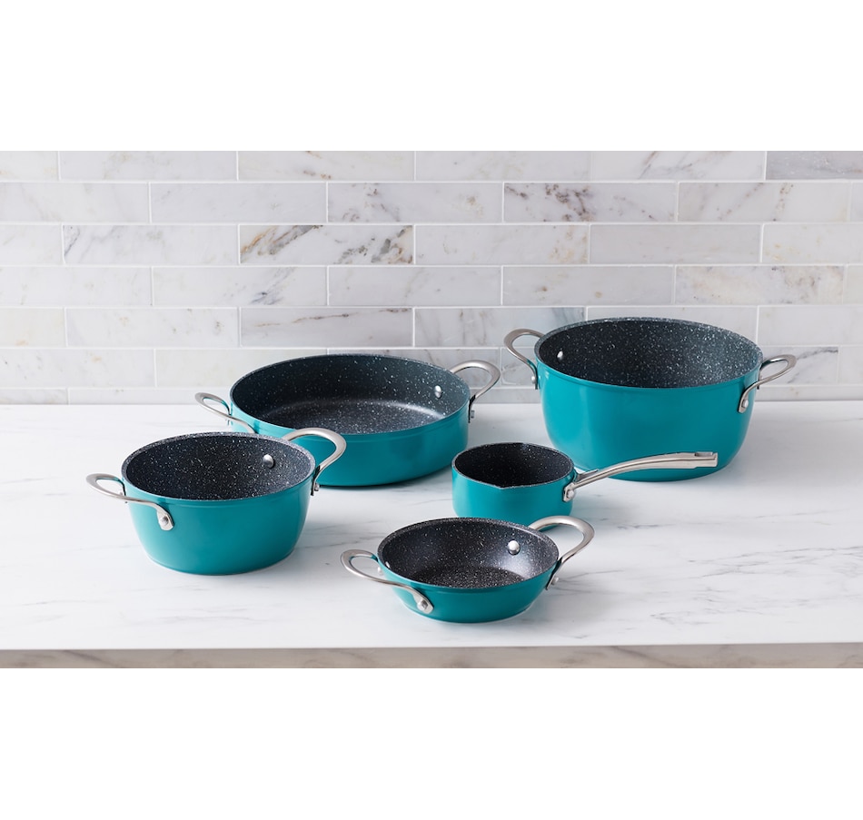 Curtis Stone 14-piece Dura-Pan Nonstick Stacking Cookware Set (Slate Blue)  MSRP $285 