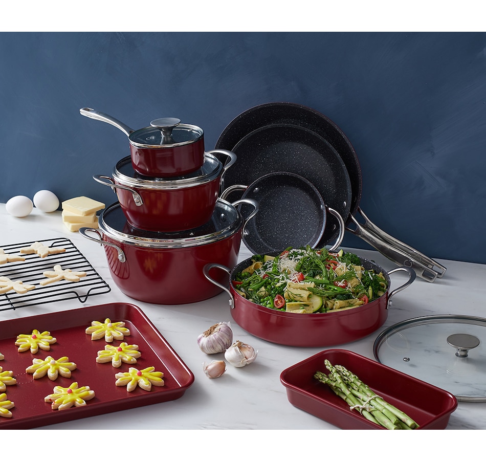 Curtis Stone 14-piece Dura-Pan Nonstick Stacking Cookware Set (Slate Blue)  MSRP $285 