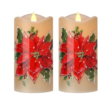 Holiday Memories 6" Battery Operated Poinsettia Candle with Glitter (set of 2)