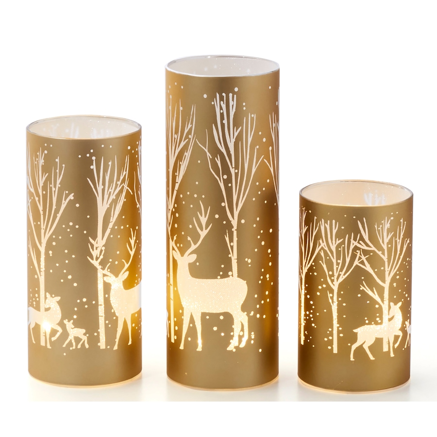 Image 212938_GLD.jpg, Product 212-938 / Price $59.99, Holiday Memories Lighted Glass Holiday Design Luminaries (set of 3) from Holiday Memories on TSC.ca's Home & Garden department