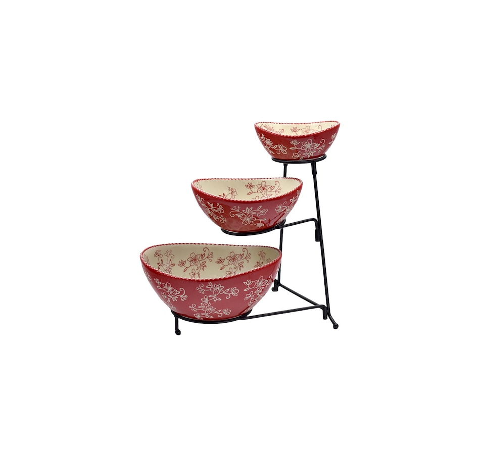 Image 212971_FLRED.jpg, Product 212-971 / Price $29.99, temp-tations Three-Tiered Oval Serving Bowl with Metal Rack from temp-tations on TSC.ca's Kitchen department