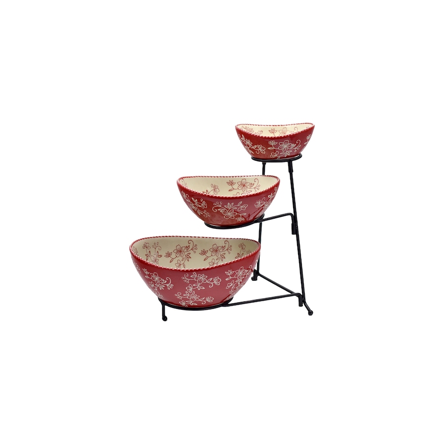 Image 212971_FLRED.jpg, Product 212-971 / Price $39.99, temp-tations Three-Tiered Oval Serving Bowl with Metal Rack from temp-tations on TSC.ca's Kitchen department
