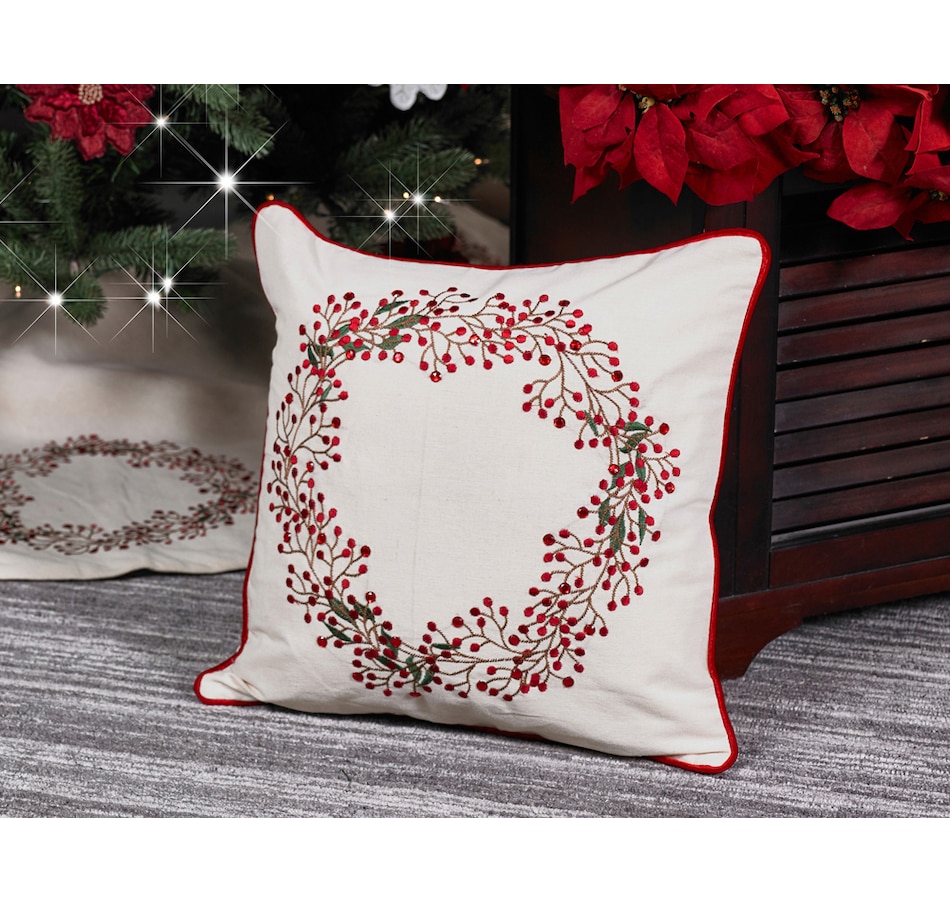 Image 213472.jpg, Product 213-472 / Price $36.99, Mera Linens Red Holly Berries Jewel Wreath Cushion Cover - Set of 2 from Mera Linens on TSC.ca's Home & Garden department