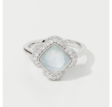 Charles Garnier Sterling Silver Rhodium Plate "Bliss" Mother of Pearl, Synthetic Turquoise Crystal Doublet and Cubic Zirconia Ring