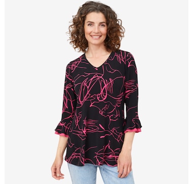 Product 215-894 / Price $59.99 , Mr. Max Brazil Knit Print Tunic with Chiffon Ruffle Detail
