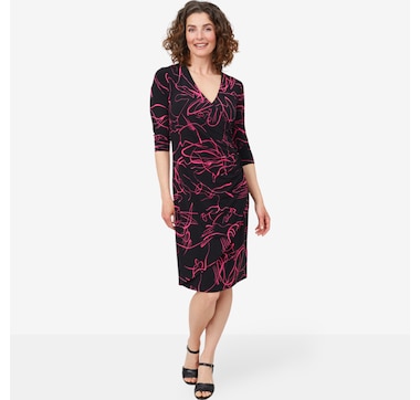 Product 215-895 / Price $79.99 , Mr. Max 3/4 Sleeve Brazil Knit Faux Wrap Dress with Shirring Detail