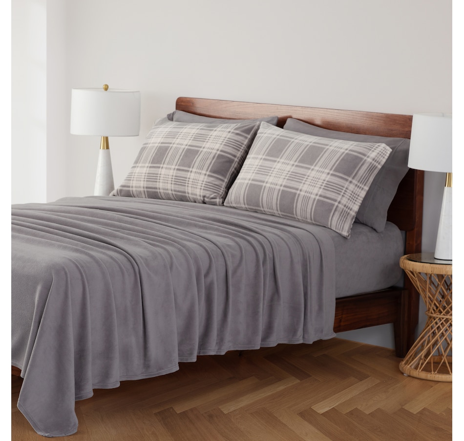 Image 216645_GRY.jpg, Product 216-645 / Price $59.88, Berkshire Blanket Polar Fleece Solid Sheet Set with Extra Plaid Pillowcases from Berkshire on TSC.ca's Home & Garden department