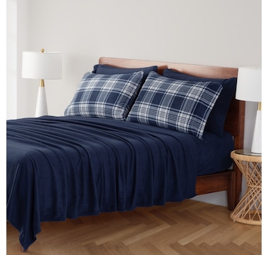 Berkshire Blanket Polar Fleece Solid Sheet Set with Extra Plaid Pillowcases