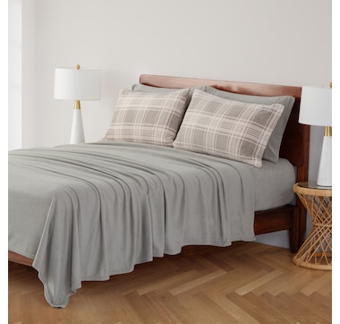 Berkshire Blanket Polar Fleece Solid Sheet Set with Extra Plaid Pillowcases