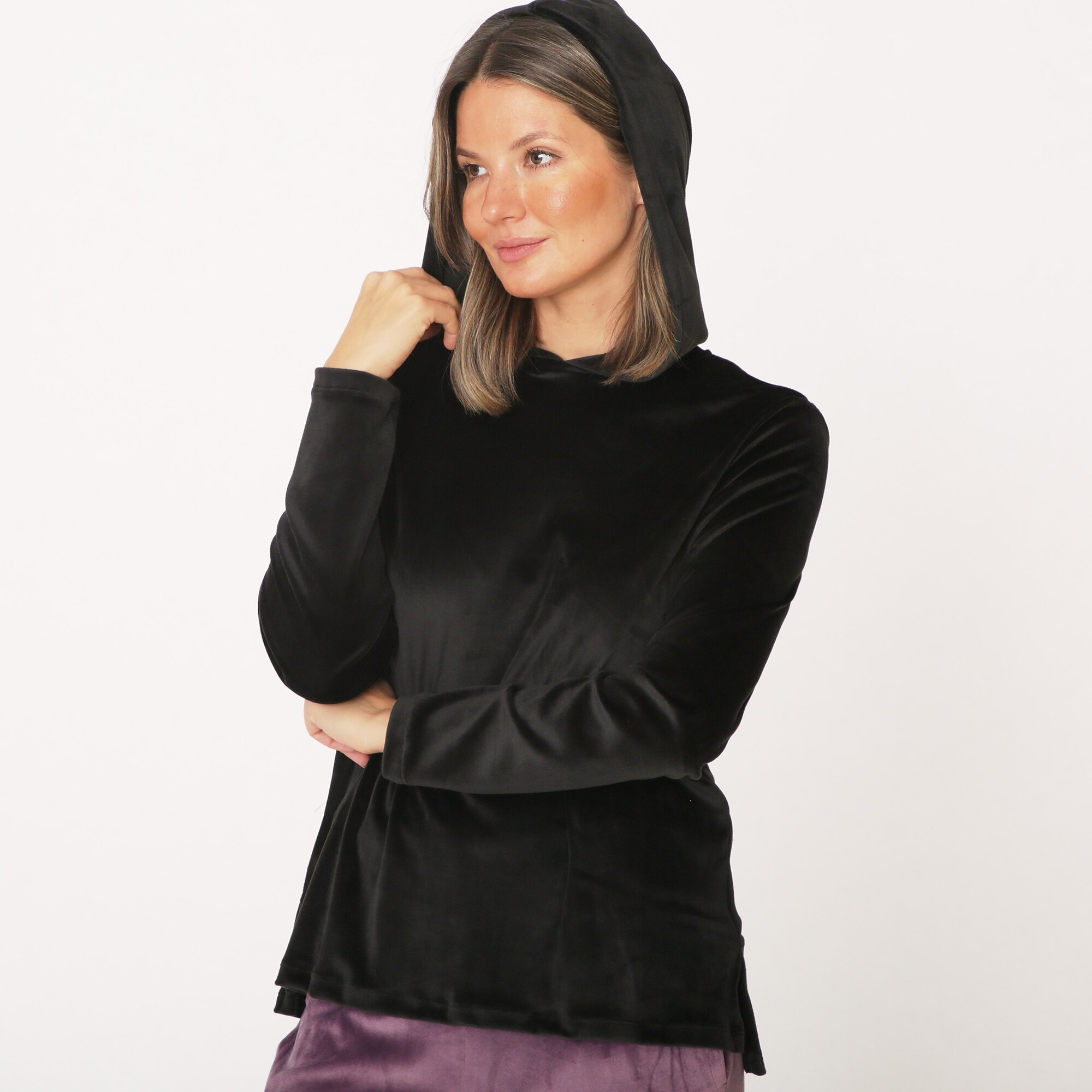 Kim & Co Stretch Velour Long Sleeve Hoodie