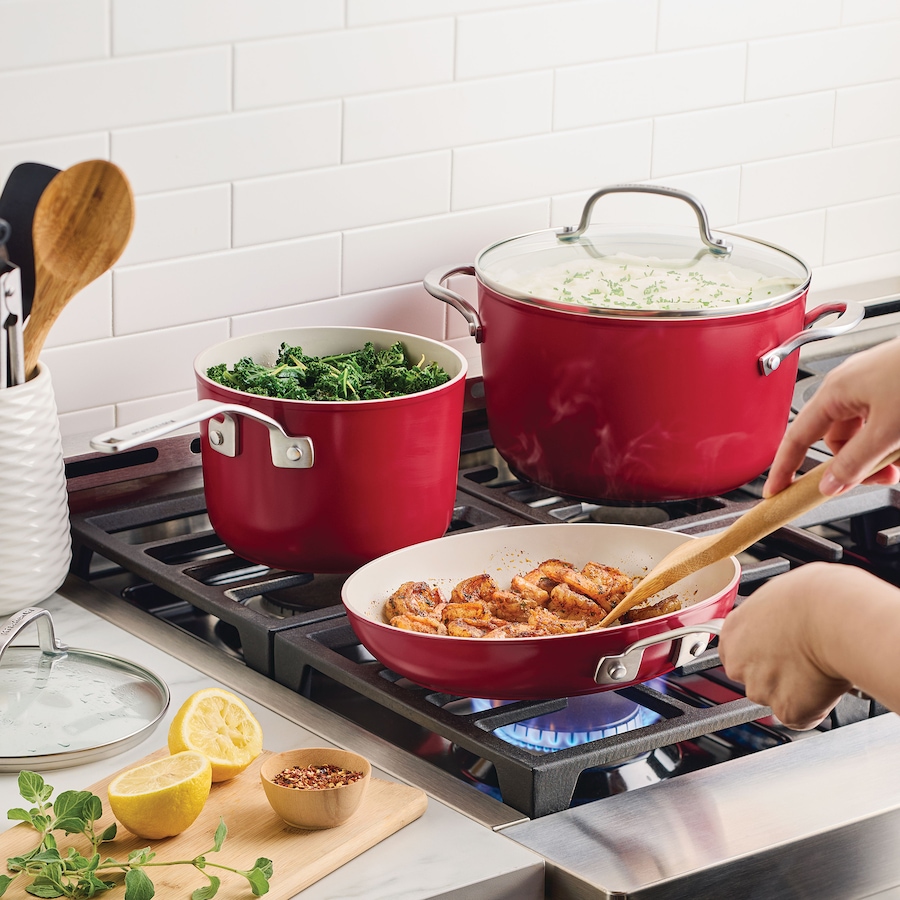 Image 219106_ALTMORE3.jpg, Product 219-106 / Price $199.99, KitchenAid 10-Piece Cookware Set in Empire Red (TSC exclusive colour) from KitchenAid on TSC.ca's Kitchen department