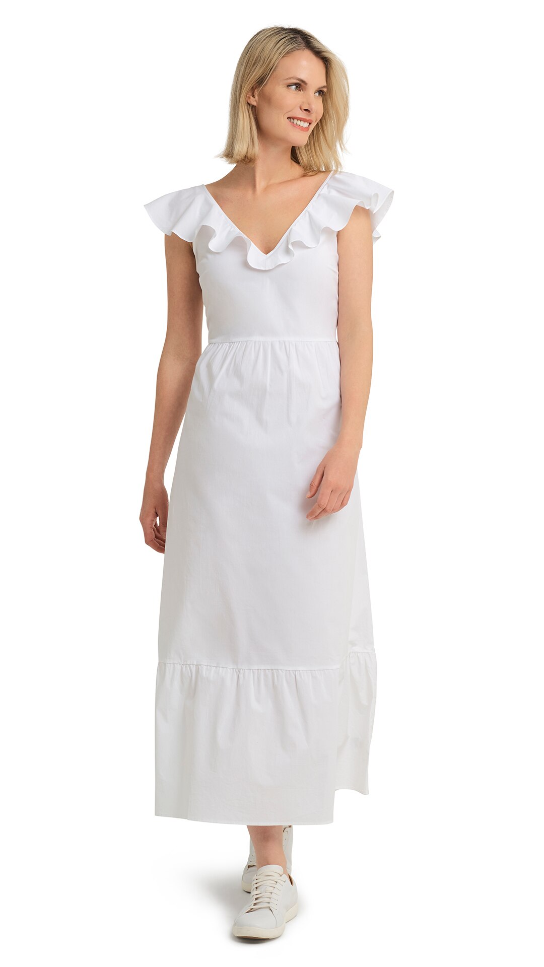 white ruffle strap dress