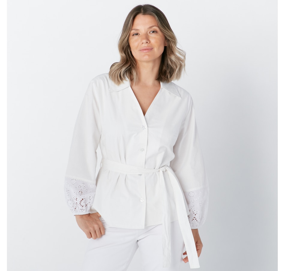 Image 219616_WHT.jpg, Product 219-616 / Price $99.88, Guillaume Eyelet Sleeve Blouse With Belt from Guillaume on TSC.ca's Clothing & Shoes department