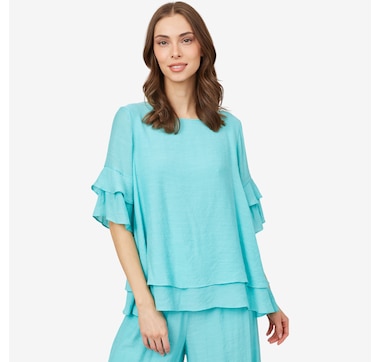 Red Coral Double Flutter Sleeve Faux Linen Top