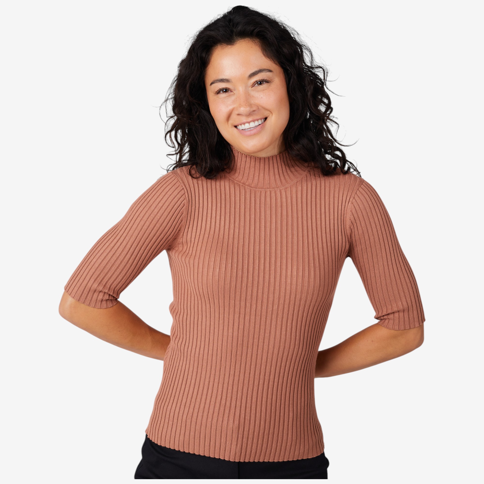 Isaac Mizrahi Rib Knit Elbow Sleeve Mockneck Top - TSC.ca