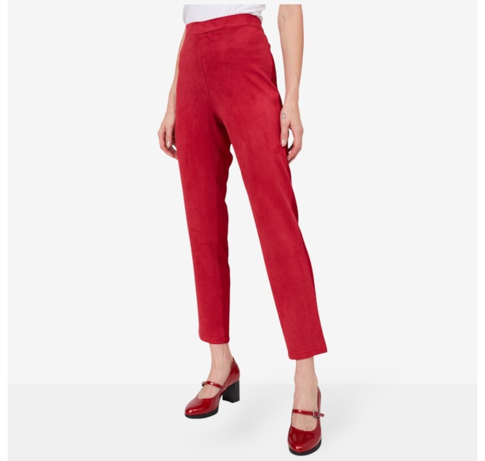 Image 219870_BRG.jpg, Product 219-870 / Price $59.88, Isaac Mizrahi Faux Suede Slim Ponte Ankle Pant from Isaac Mizrahi New York on TSC.ca's Fashion department