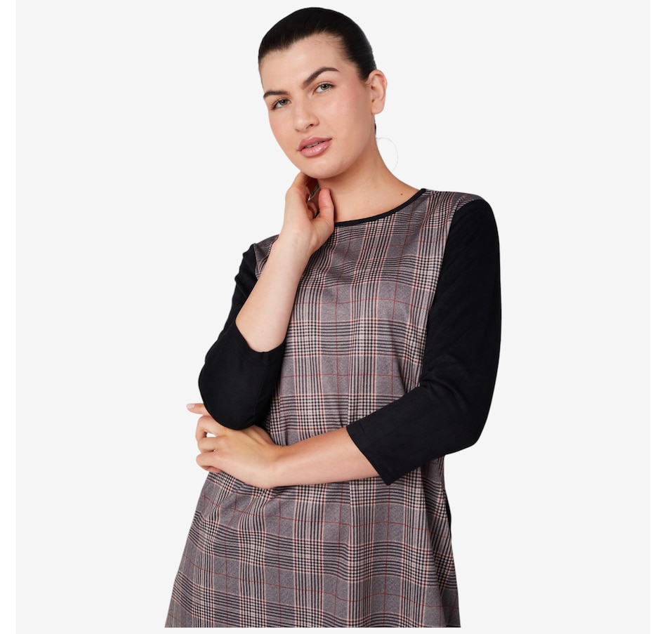 Image 219879_ALTMORE1.jpg, Product 219-879 / Price $59.88, Isaac Mizrahi Ponte Knit Swing Dress with Faux Suede Sleeves from Isaac Mizrahi New York on TSC.ca's Fashion department