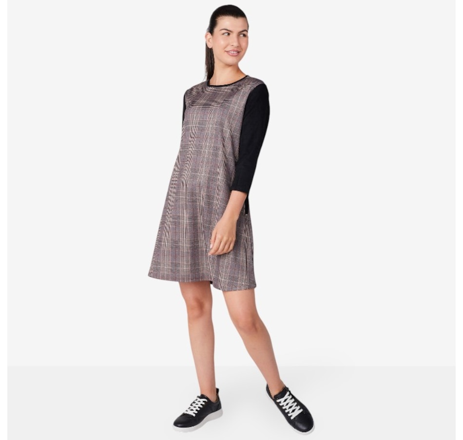 Image 219879_PLD.jpg, Product 219-879 / Price $59.88, Isaac Mizrahi Ponte Knit Swing Dress with Faux Suede Sleeves from Isaac Mizrahi New York on TSC.ca's Fashion department