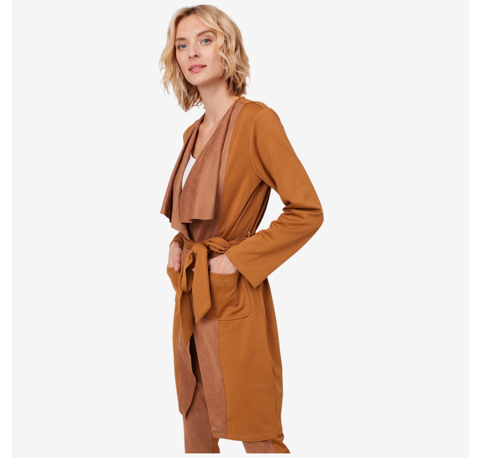 Image 219882_ALTMORE1.jpg, Product 219-882 / Price $79.88, Isaac Mizrahi Ponte & Faux Suede Drape Cardigan from Isaac Mizrahi New York on TSC.ca's Fashion department