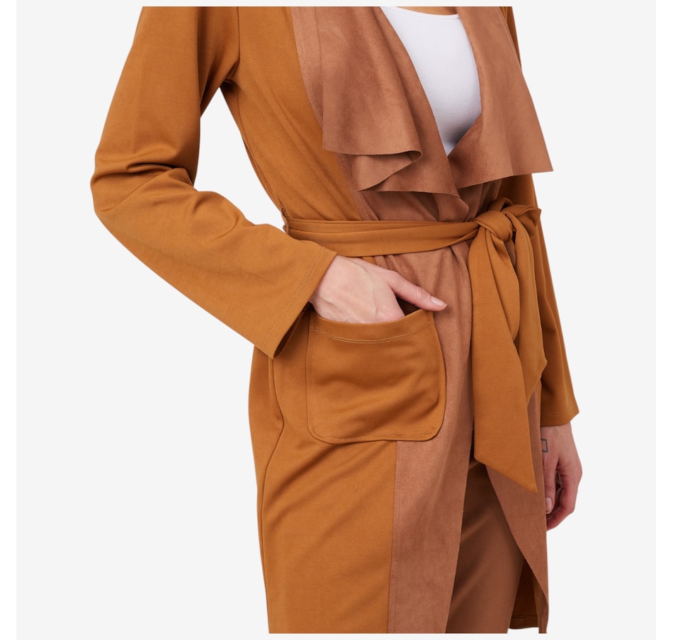 Image 219882_ALTMORE3.jpg, Product 219-882 / Price $79.88, Isaac Mizrahi Ponte & Faux Suede Drape Cardigan from Isaac Mizrahi New York on TSC.ca's Fashion department